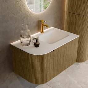 Mondiaz Kurve 75cm badmeubel ronding links dusk met 1 lade en deur en wastafel grunne kraangat rechts