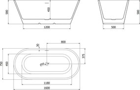Mexen Luna vrijstaande badkuip 160 x 75 cm, wit, geborsteld koper overloop - 52031607500-65