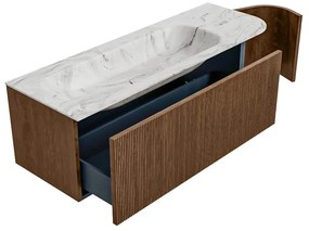 Mondiaz Kurve-dlux 135cm badmeubel ronding rechts walnut met 1 lade en deur en wastafel big medium kraangat links glace