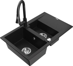 Mexen Gaspar granieten spoelbak 1,5-komer met afdruiprek en keukenmengkraan Elia, zwart - 6507-77-670101-70