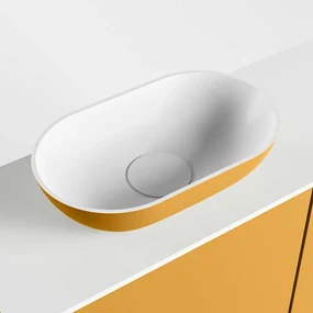 Mondiaz Fowy toiletmeubel 80cm ocher met gele waskom links en kraangat