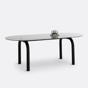 Ovale eettafel, gerookt glas en staal, 6 tot 8 couverts, POLLY
