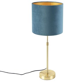 Stoffen Tafellamp goud/messing met velours kap blauw 25 cm - Parte Landelijk / Rustiek E27 cilinder / rond rond Binnenverlichting Lamp