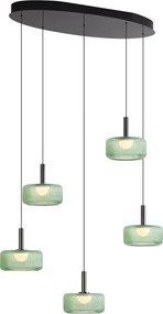 Design hanglamp gunmetal met groen glas incl. LED 3-staps dimbaar 5-lichts easylift - Fiera