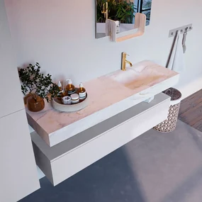Mondiaz Alan DLux badmeubel 150cm cale 1 lade met wastafel ostra rechts 1 kraangat