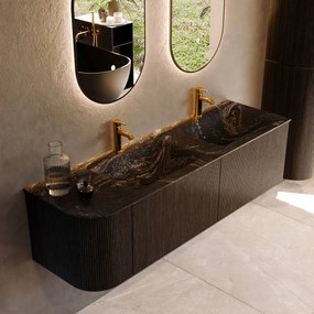 Mondiaz Kurve-dlux 155cm badmeubel ronding links shadow met 2 lades en 1 deur en wastafel leaf dubbel/rechts 2 kraangaten lava