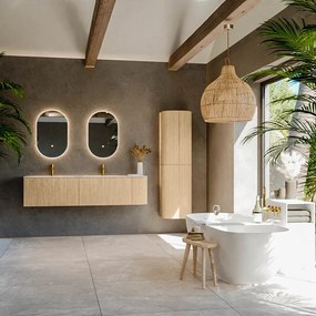 Mondiaz Kurve-dlux 175cm badmeubel ronding rechts oak met 2 lades en 1 deur en wastafel stor small dubbel/links 2 kraangaten ostra