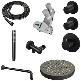 Brauer Stripe inbouw regendouche met 25cm hoofddouche, gebogen muurarm en staafhanddouche set 2 zwart mat