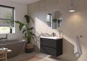 Saqu Gaia ondiep badmeubel incl. glans witte wastafel 80x40x64cm eiken zwart – zwarte greeplijst