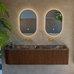 Mondiaz Kurve-dlux 165cm badmeubel ronding links walnut met 2 lades en 1 deur en wastafel stor small dubbel/rechts zonder kraangat lava