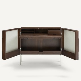 Bureau met lage kast in walnootfineer en structuurstof, OMID