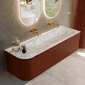 Mondiaz Kurve-dlux 145cm badmeubel ronding links ruby met 1 lade en deur en wastafel big large rechts zonder kraangat glace