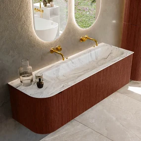 Mondiaz Kurve-dlux 145cm badmeubel ronding links ruby met 1 lade en deur en wastafel big large rechts zonder kraangat glace