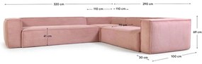 Kave Home Blok Moderne Hoekbank Ribstof Roze 320 X 290 Cm