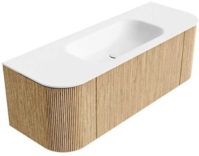 Mondiaz Kurve 130cm badmeubel ronding links/rechts oak met 1 lade en 2 deuren en wastafel big small midden zonder kraangat
