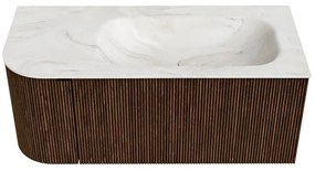 Mondiaz Kurve-dlux 105cm badmeubel ronding links walnut met 1 lade en deur en wastafel big small kraangat rechts ostra