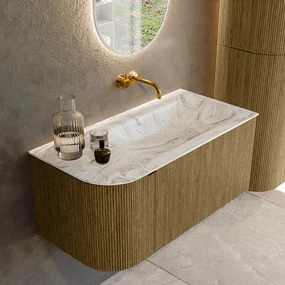Mondiaz Kurve-dlux 95cm badmeubel ronding links dusk met 1 lade en deur en wastafel big small rechts zonder kraangat glace