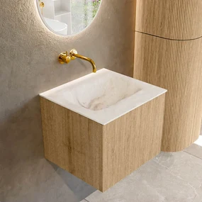 Mondiaz Kurve-dlux 50cm badmeubel oak met 1 lade en wastafel grunne midden zonder kraangat frappe