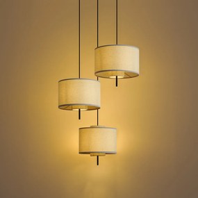 Japandi hanglamp zwart met witte linnen kap 3-lichts - Rieu
