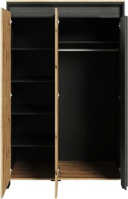 Kledingkast Lomsevu 112, Zwart, Artisan eiken, 196x123x55cm, 102 kg, Kledingkast deuren: Met scharnieren, Aantal planken: 5, Aantal planken: 5