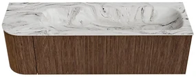 Mondiaz Kurve-dlux 145cm badmeubel ronding links walnut met 1 lade en deur en wastafel big large rechts zonder kraangat glace