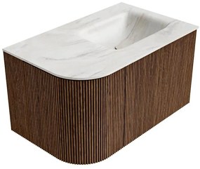 Mondiaz Kurve-dlux 75cm badmeubel ronding links walnut met 1 lade en deur en wastafel grunne rechts zonder kraangat ostra