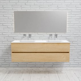 Zaro Valencia Solid Surface badmeubel 150cm licht eiken zonder kraangat dubbele spoelbak met 2 lades