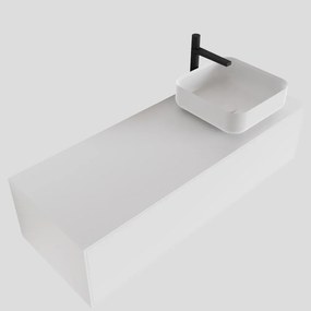 Zaro Lagom volledig naadloos solid surface onderkast met topblad 120cm mat wit met 1 lades Push tot open. Compleet met solid surface opzetkom met 1 kraangat(en)