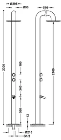 Tres Fuera gebogen buitendouche met mengkraan en 30cm hoofddouche RVS