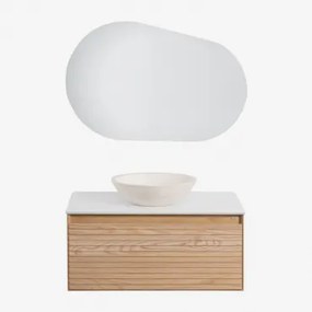 Tedrik Badkamermeubelset In Essenhout Ash Brown & Rond Cement Wit Ø40 Cm Zavion & Ovaal Led En Anticondens 100x65 Cm Meunier & Zonder Kraan - Sklum