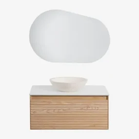 Tedrik Badkamermeubelset In Essenhout Ash Brown & Rond Cement Wit Ø40 Cm Zavion & Ovaal Led En Anticondens 100x65 Cm Meunier & Zonder Kraan - Sklum
