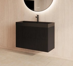 Gliss Design Hybris badmeubel met ribbelfront 60cm black veneer met zwarte wastafel zonder kraangat Lako