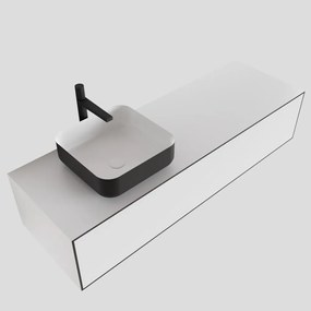 Zaro Lagom volledig naadloos solid surface onderkast met topblad 140cm mat zwart met 1 lades Push tot open. Compleet met solid surface opzetkom met 1 kraangat(en)