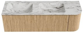 Mondiaz Kurve-dlux 145cm badmeubel ronding rechts oak met 1 lade en deur en wastafel leaf dubbel/links 2 kraangaten glace