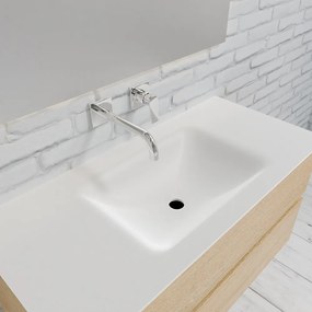 Zaro Valencia Solid Surface badmeubel 100cm licht eiken zonder kraangat spoelbak midden met 2 lades