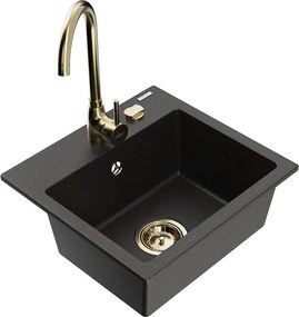 Mexen Milo granit gootsteen met 1 bak en Telma keukenkraan, zwart/goud - 6505-75-670200-50