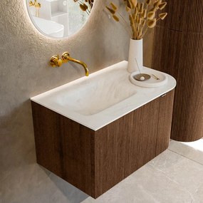 Mondiaz Kurve-dlux 75cm badmeubel ronding rechts walnut met 1 lade en deur en wastafel grunne links zonder kraangat opalo