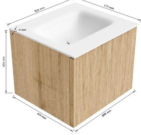 Mondiaz Kurve 50cm badmeubel oak met 1 lade en wastafel grunne midden zonder kraangat