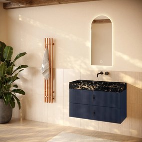 Muebles Murcia badmeubel ribbelfront 100cm marine blauw met Portoro Gold wastafel zonder kraangat