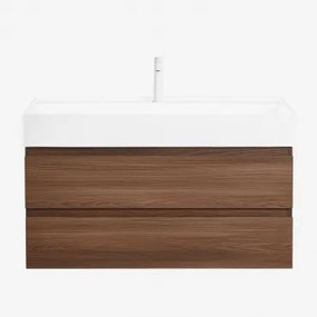 Ona Zwevend Badkamermeubelset Van Hout En Essenfineer Met Geïntegreerde Wastafel Spiegelloze & Donker Hout & ↔︎ 100 Cm & Wit ↑20 Cm Met - Sklum