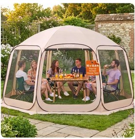 VEVOR Campingtent, 457,2 x 420,6 x 245 cm, feesttent voor 12-15 personen, pop-up tent, incl. draagtas, gaaswanden en haringen, voor tuin, terras en buitenactiviteiten, beige