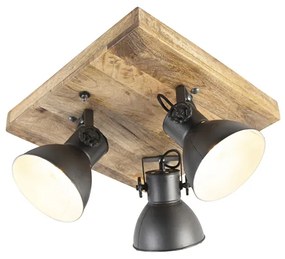 Industriële Spot / Opbouwspot / Plafondspot antraciet met mango hout 3-lichts - Mangoes Industriele / Industrie / Industrial E27 rond vierkant Binnenverlichting Lamp
