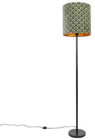 Stoffen Vloerlamp zwart kap pauw dessin gouden binnenkant 40 cm - Simplo Modern E27 Binnenverlichting Lamp