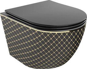 Mexen Lena rimloze wc-pot met softclose slanke zitting, duroplast, matzwart/goud ruitpatroon - 30224079
