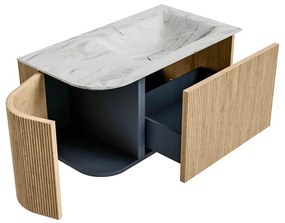 Mondiaz Kurve-dlux 85cm badmeubel ronding links oak met 1 lade en deur en wastafel cloud rechts zonder kraangat glace