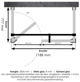 Brauer JC profielloze douchecabine XL 120x80cm gunmetal geborsteld