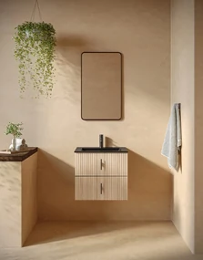 Muebles Marbella badmeubel ribbelfront 60cm naturel eiken met zwarte wastafel met kraangat
