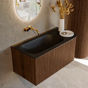 Mondiaz Kurve 95cm badmeubel ronding rechts walnut met 1 lade en deur en wastafel big small links zonder kraangat urban