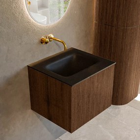 Mondiaz Kurve 50cm badmeubel walnut met 1 lade en wastafel grunne midden zonder kraangat urban