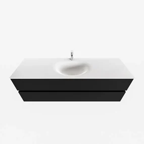 Zaro Sevilla Solid Surface badmeubel 150cm mat zwart 1 kraangat met 2 lades spoelbak midden